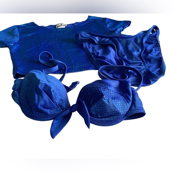💙 3 Piece Swim Set Blue Bikini Crop Top Mermaid - Picture 7 of 11